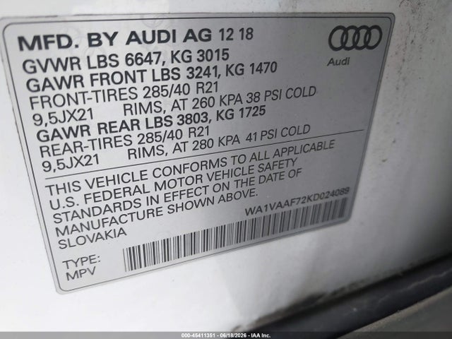 Продажа на аукционе авто 2019 Audi Q7 55 Premium, vin: WA1VAAF72KD024089, номер лота: 45411351