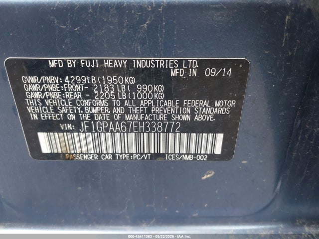 2014 Subaru Impreza 2.0i მანქანა იყიდება აუქციონზე, vin: JF1GPAA67EH338772, აუქციონის ნომერი: 45411362