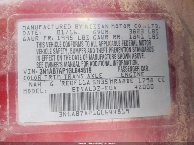 3N1AB7AP1GL644819 Nissan Sentra Fe+ S/s/sl/sr/sv
