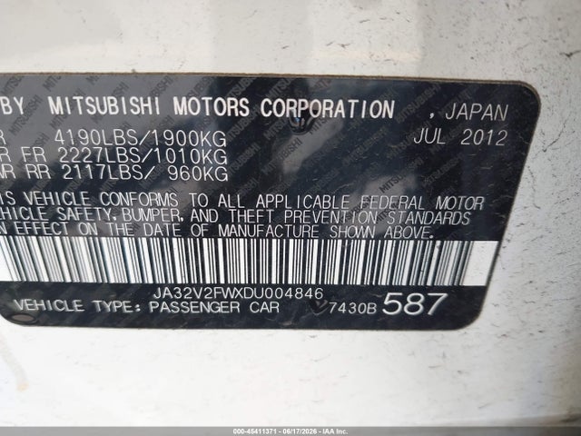 Aukcja sprzedaży 2013 Mitsubishi Lancer Se, vin: JA32V2FWXDU004846, numer aukcji: 45411371