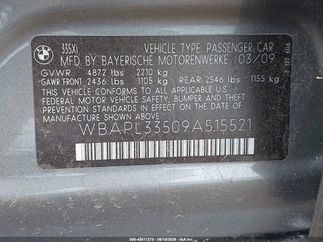 45411375 :رقم المزاد ، WBAPL33509A515521 vin ، 2009 Bmw 335i Xdrive مزاد بيع