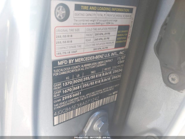 Aukcja sprzedaży 2008 Mercedes-benz R-class 3.5l, vin: 4JGCB65E38A071242, numer aukcji: 45411382