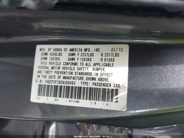 Aukcja sprzedaży 2012 Honda Accord 2.4 Lx, vin: 1HGCP2F38CA066480, numer aukcji: 45411413