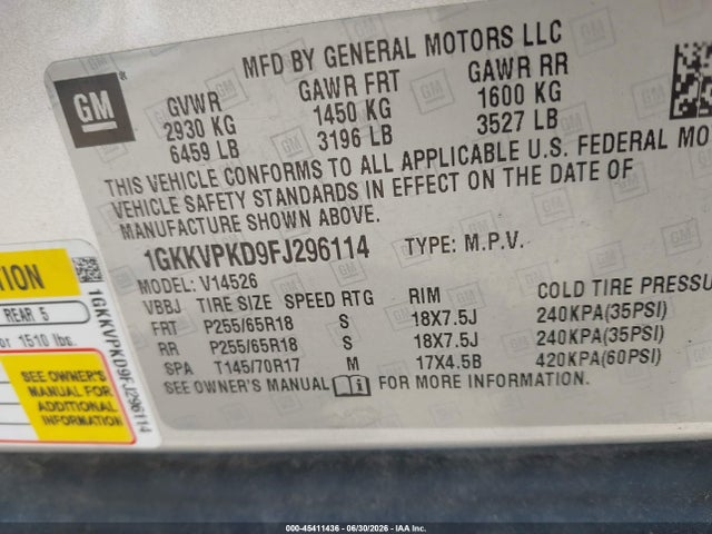 2015 Gmc Acadia Sle-2 მანქანა იყიდება აუქციონზე, vin: 1GKKVPKD9FJ296114, აუქციონის ნომერი: 45411436