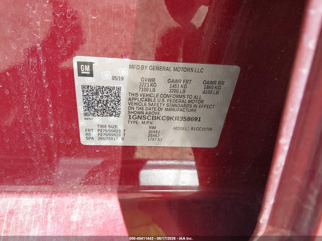 45411442 :رقم المزاد ، 1GNSCBKC9KR358691 vin ، 2019 Chevrolet Tahoe Lt مزاد بيع