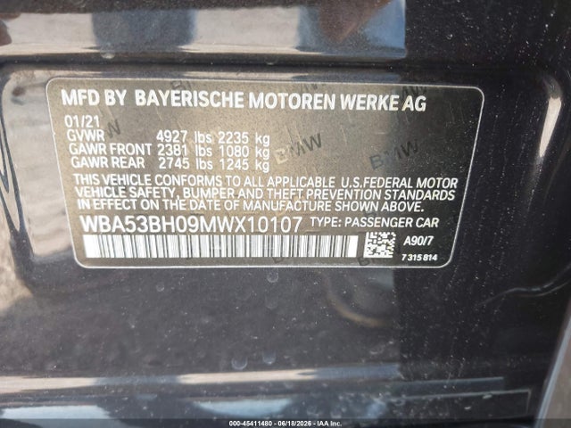 Aukcja sprzedaży 2021 Bmw 530i, vin: WBA53BH09MWX10107, numer aukcji: 45411480