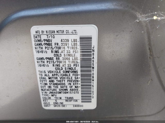 Aukcja sprzedaży 2011 Nissan Rogue S, vin: JN8AS5MT0BW151070, numer aukcji: 45411481