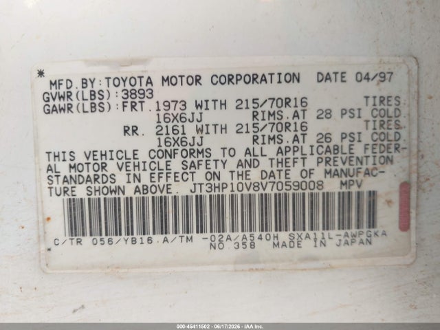 1997 Toyota Rav4 მანქანა იყიდება აუქციონზე, vin: JT3HP10V8V7059008, აუქციონის ნომერი: 45411502