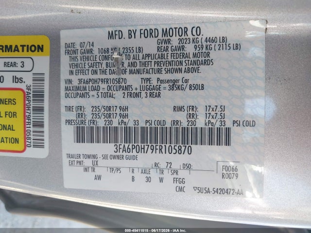 Ford FUSION SE 2015 3FA6P0H79FR105870 Image 9
