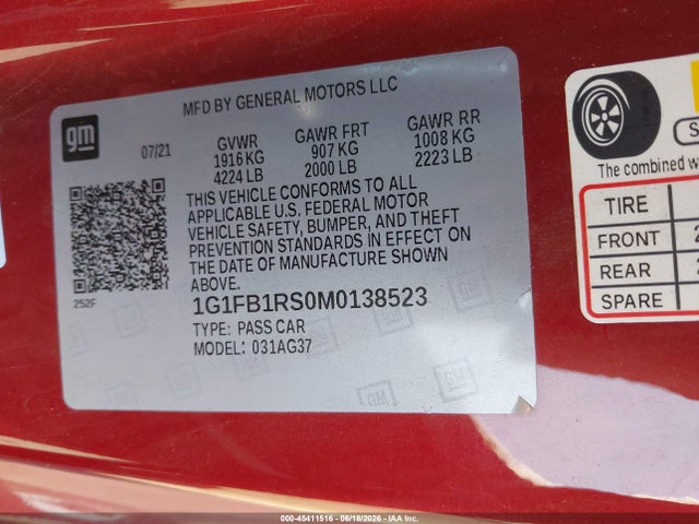 1G1FB1RS0M0138523 Chevrolet Camaro Rwd 1lt