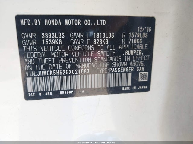 Honda FIT LX 2016 JHMGK5H52GX021583 Image 9