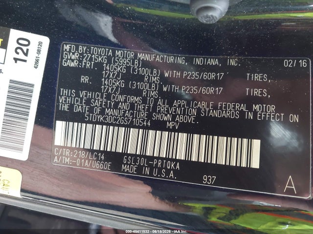 2016 Toyota Sienna Xle 8 Passenger მანქანა იყიდება აუქციონზე, vin: 5TDYK3DC2GS710544, აუქციონის ნომერი: 45411532