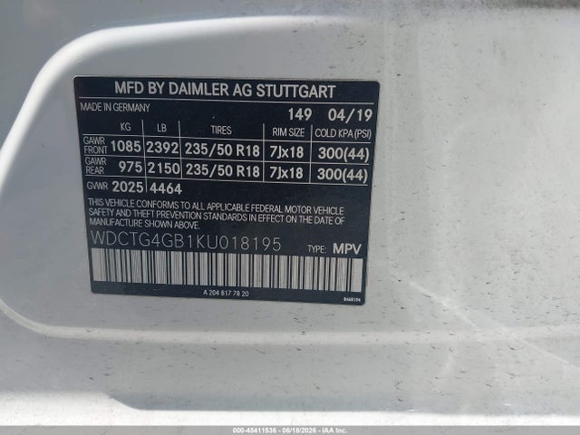 Продаж на аукціоні авто 2019 Mercedes-benz Gla 250 4matic, vin: WDCTG4GB1KU018195, номер лоту: 45411536