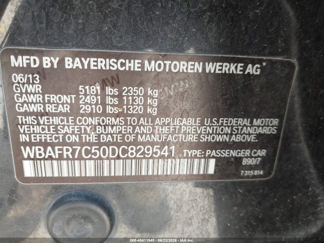 45411540 :رقم المزاد ، WBAFR7C50DC829541 vin ، 2013 Bmw 535i مزاد بيع