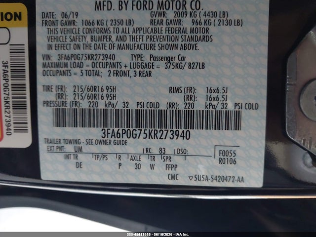 3FA6P0G75KR273940 Ford FUSION S