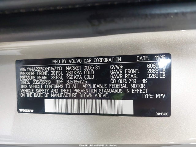 Продажа на аукционе авто 2017 Volvo Xc90 T6 Momentum, vin: YV4A22PKXH1147110, номер лота: 45411549