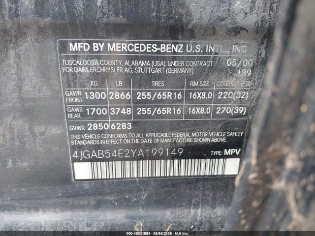 45411551 :رقم المزاد ، 4JGAB54E2YA199149 vin ، 2000 Mercedes-benz Ml 320 مزاد بيع