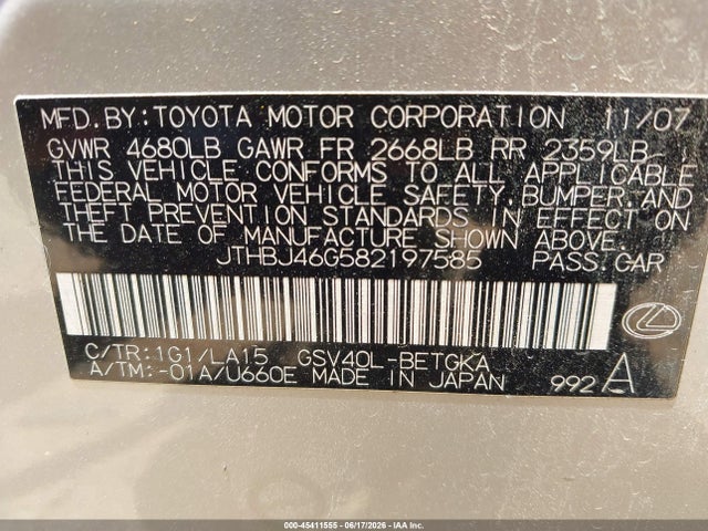 45411555 :رقم المزاد ، JTHBJ46G582197585 vin ، 2008 Lexus Es 350 مزاد بيع