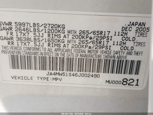 Aukcja sprzedaży 2006 Mitsubishi Montero Limited, vin: JA4MW51S46J002490, numer aukcji: 45411558