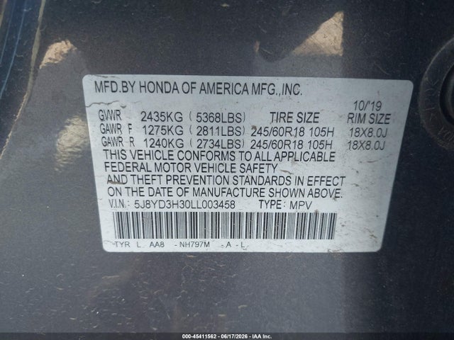 45411562 :رقم المزاد ، 5J8YD3H30LL003458 vin ، 2020 Acura Mdx Standard مزاد بيع