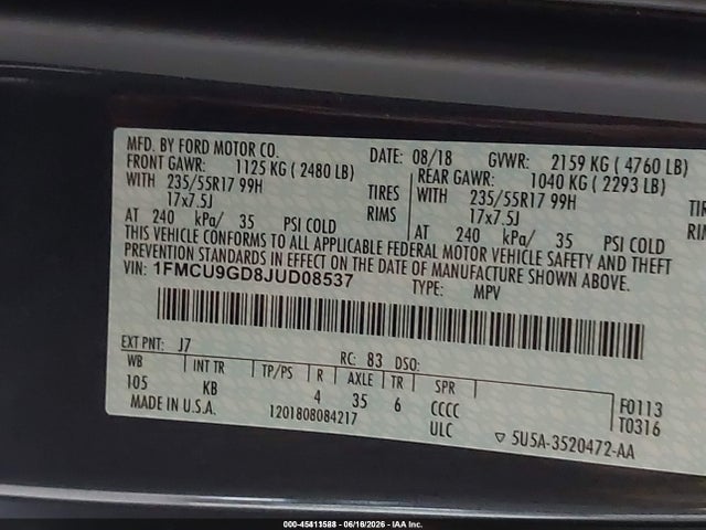1FMCU9GD8JUD08537 Ford ESCAPE SE