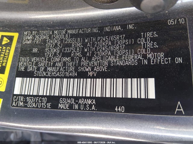 2010 Toyota Highlander Base V6 მანქანა იყიდება აუქციონზე, vin: 5TDZK3EH5AS016484, აუქციონის ნომერი: 45411593