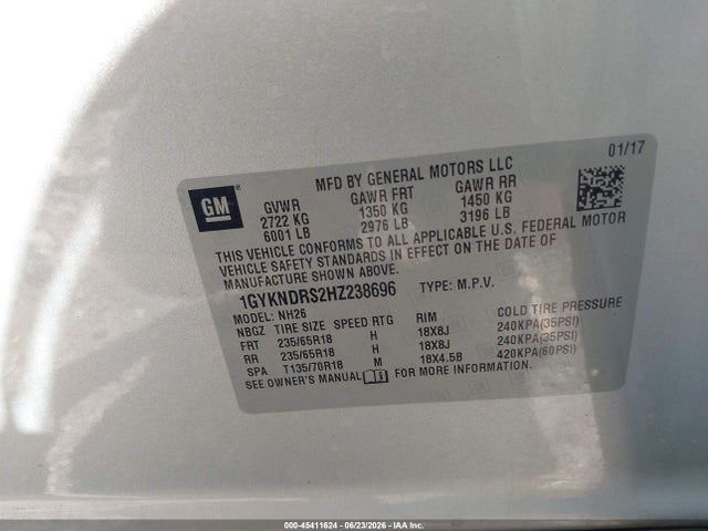 45411624 :رقم المزاد ، 1GYKNDRS2HZ238696 vin ، 2017 Cadillac Xt5 Luxury مزاد بيع