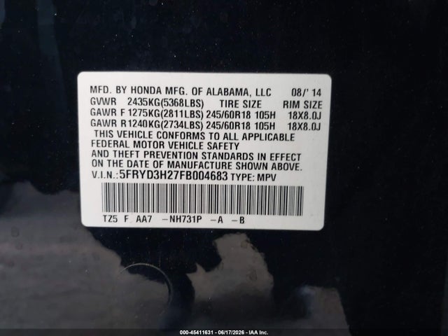 Продажа на аукционе авто 2015 Acura Mdx, vin: 5FRYD3H27FB004683, номер лота: 45411631