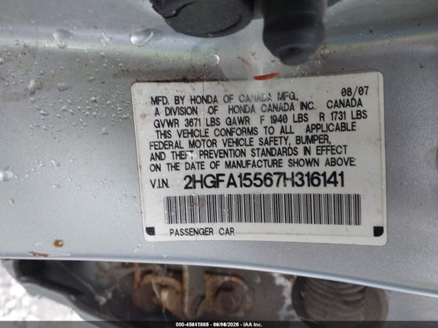 Aukcja sprzedaży 2007 Honda Civic Lx, vin: 2HGFA15567H316141, numer aukcji: 45411665