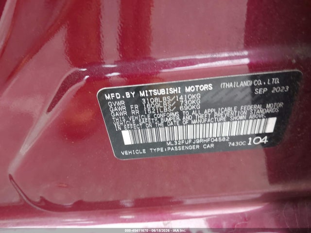 Aukcja sprzedaży 2024 Mitsubishi Mirage G4 Es, vin: ML32FUFJ9RHF04582, numer aukcji: 45411670