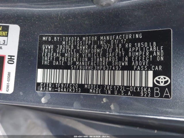 Toyota COROLLA SE 2017 5YFBURHE3HP637497 Image 9
