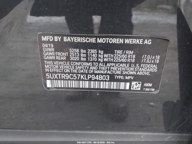 2019 Bmw X3 Xdrive30i მანქანა იყიდება აუქციონზე, vin: 5UXTR9C57KLP94803, აუქციონის ნომერი: 45411700