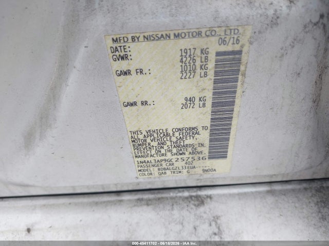 Aukcja sprzedaży 2016 Nissan Altima 2.5 S, vin: 1N4AL3AP9GC257536, numer aukcji: 45411702