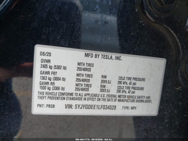 45411716 :رقم المزاد ، 5YJYGDEE1LF034528 vin ، 2020 Tesla Model Y Long Range Dual Motor All-wheel Drive مزاد بيع