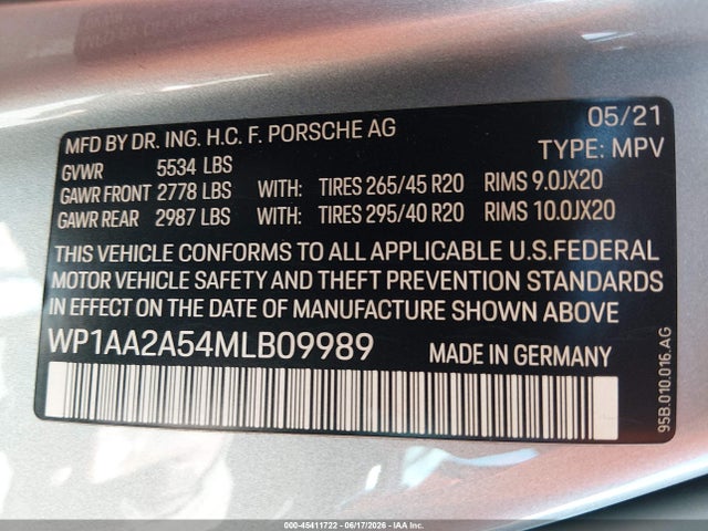 2021 Porsche Macan მანქანა იყიდება აუქციონზე, vin: WP1AA2A54MLB09989, აუქციონის ნომერი: 45411722