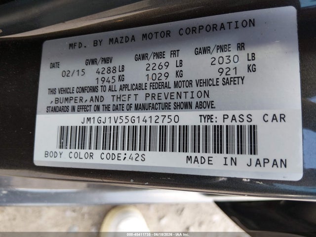 Aukcja sprzedaży 2016 Mazda Mazda6 I Touring, vin: JM1GJ1V55G1412750, numer aukcji: 45411735
