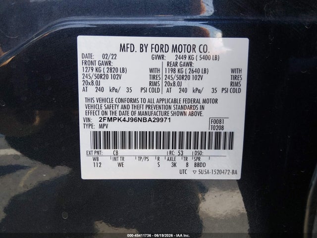 Auction sale of the 2022 Ford Edge St-line, vin: 2FMPK4J96NBA29971, lot number: 45411736