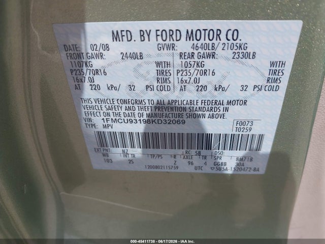 Aukcja sprzedaży 2008 Ford Escape Xlt, vin: 1FMCU93198KD32069, numer aukcji: 45411738