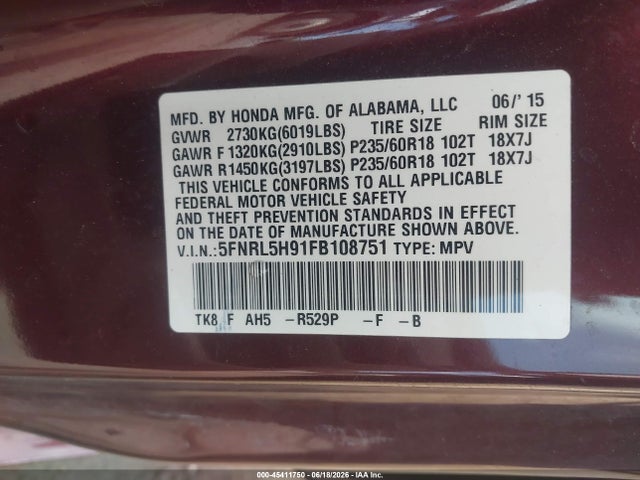45411750 :رقم المزاد ، 5FNRL5H91FB108751 vin ، 2015 Honda Odyssey Touring/touring Elite مزاد بيع