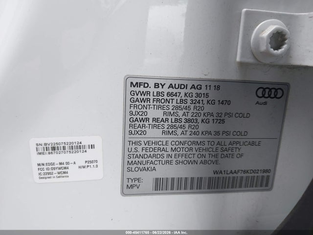 2019 Audi Q7 მანქანა იყიდება აუქციონზე, vin: WA1LAAF76KD021980, აუქციონის ნომერი: 45411765