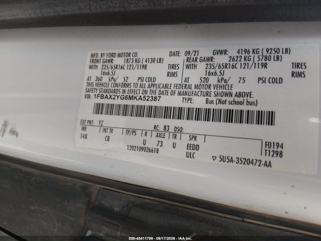 1FBAX2YG6MKA52387 Ford Transit-350 Passenger Van Xl/xlt