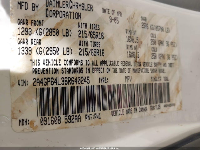 Продаж на аукціоні авто 2006 Chrysler Town & Country Limited, vin: 2A4GP64L36R640245, номер лоту: 45411813