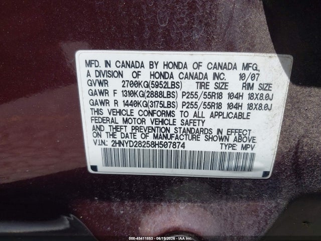 45411853 :رقم المزاد ، 2HNYD28258H507874 vin ، 2008 Acura Mdx مزاد بيع