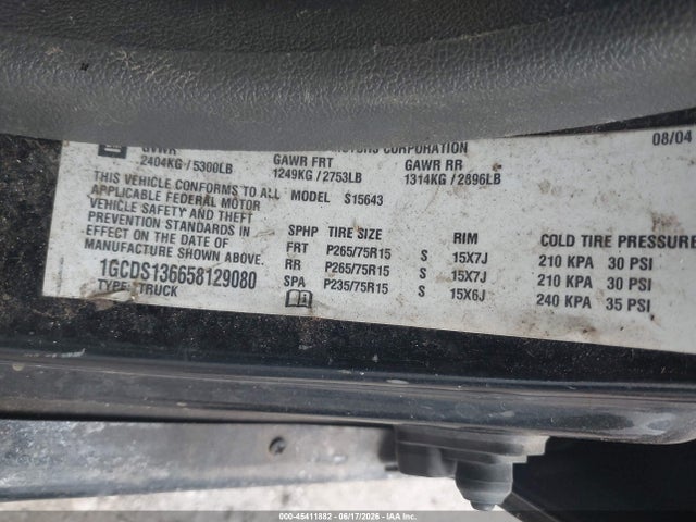 45411882 :رقم المزاد ، 1GCDS136658129080 vin ، 2005 Chevrolet Colorado Ls مزاد بيع