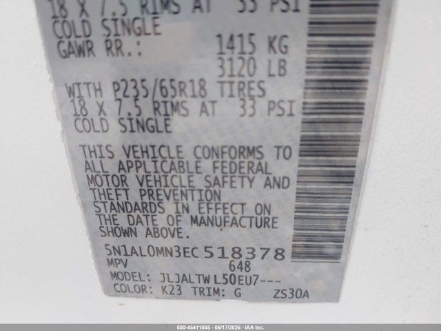 5N1AL0MN3EC518378 Infiniti QX60