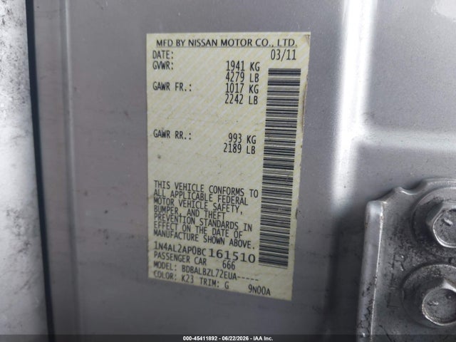 2011 Nissan Altima 2.5 S მანქანა იყიდება აუქციონზე, vin: 1N4AL2AP0BC161510, აუქციონის ნომერი: 45411892