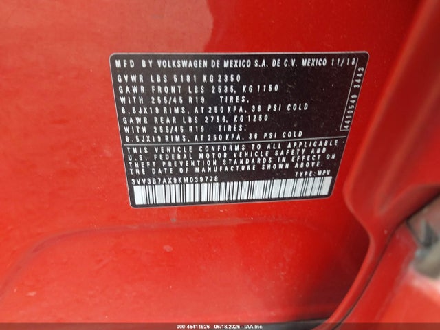 Продаж на аукціоні авто 2019 Volkswagen Tiguan 2.0t Se/2.0t Sel/2.0t Sel R-line/2.0t Sel R-line Black, vin: 3VV3B7AX9KM039778, номер лоту: 45411926