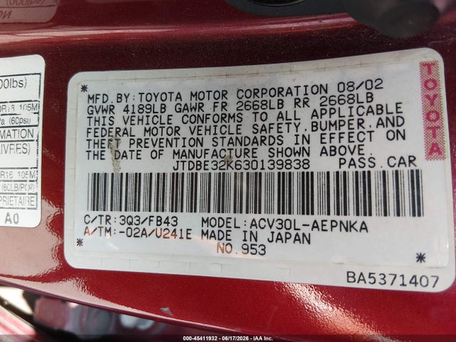 Продажа на аукционе авто 2003 Toyota Camry Le, vin: JTDBE32K630139838, номер лота: 45411932