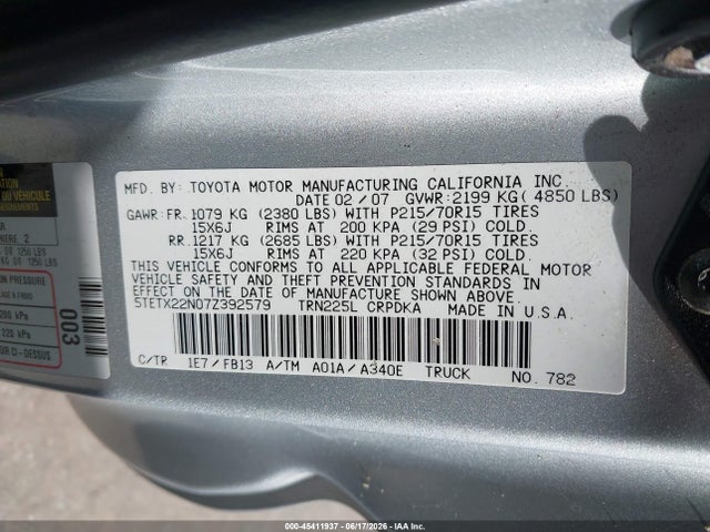 Aukcja sprzedaży 2007 Toyota Tacoma, vin: 5TETX22N07Z392579, numer aukcji: 45411937
