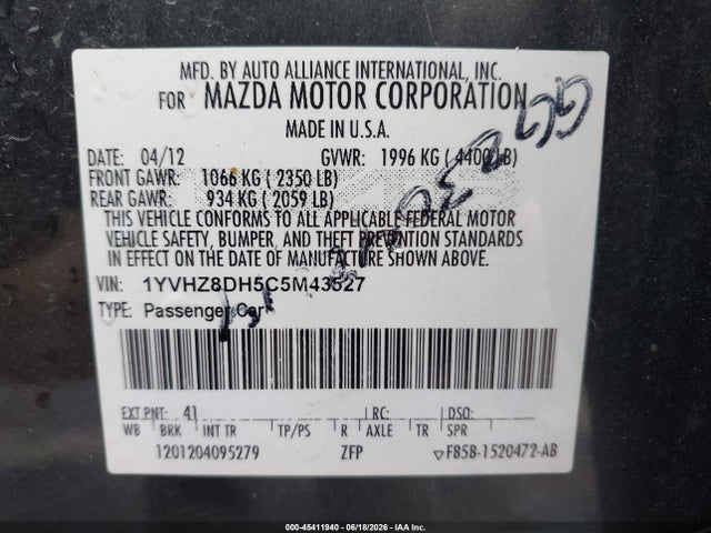 Aukcja sprzedaży 2012 Mazda Mazda6 I Touring, vin: 1YVHZ8DH5C5M43527, numer aukcji: 45411940